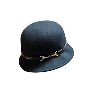 Vintage Scala Collezione Wool Felt Cloche Hat Gold Horsebit Flapper Old Money